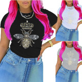 Casual Black O Neck Crown Ant Hot Drill T-shirt Tops