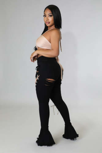 Black Vintage Mid Waist Shredded Eyelet Bandage Denim Flared Pants