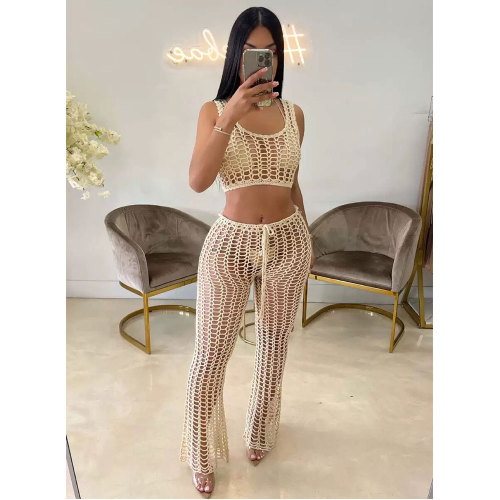 White Summer Knit Rib Cut Out Beach Wear Cover Sexy Fishnet See Through Tank Crop Top + Pants