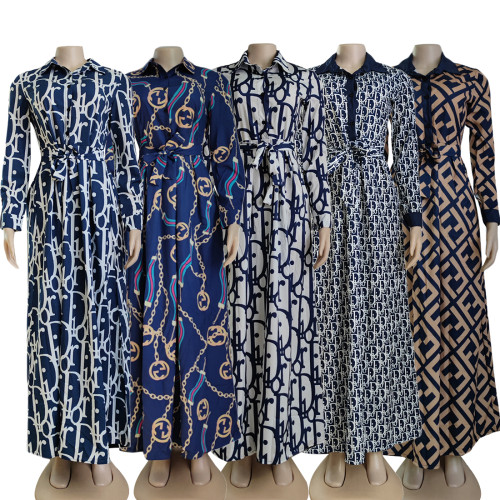 Fashion Digital Printing Casual Loose Long Sleeve Maxi Swing Dress