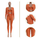 Solid Color Manual Knitted Sweater Cardigan 3 Piece Set