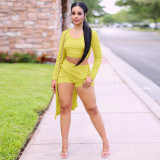 Casual Solid Yellow Ribbed Crop Vest Top Short And Cardigan 3 Pieces Set