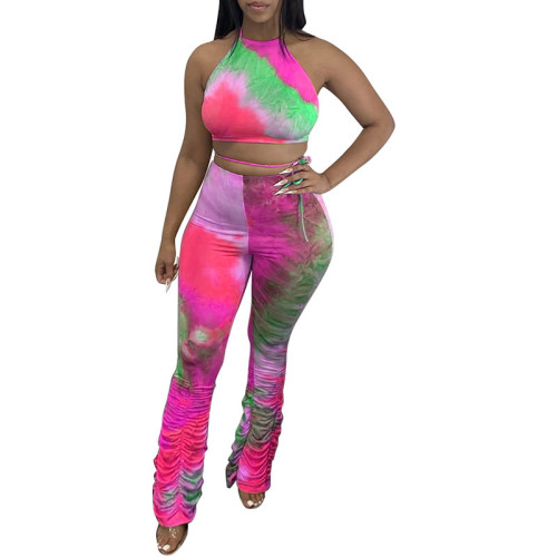 Casual Print Bandage Halter Crop Top and Stacked Trousers