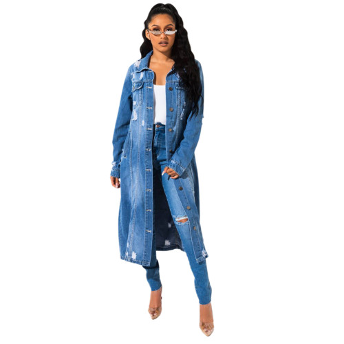 Denim Plus Size Distressed Turndown Collar Jacket Coat
