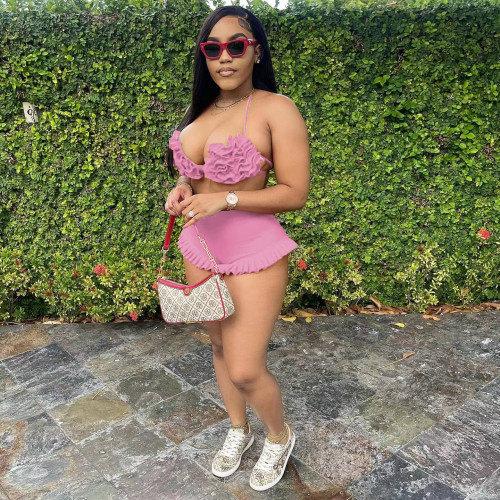 Pink Sexy Halter Backless Bra Ruffled Shorts Summer Set