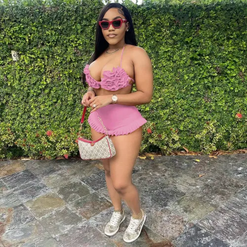 Pink Sexy Halter Backless Bra Ruffled Shorts Summer Set