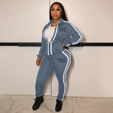 Casual Stripe Zip Up Printed Sweatshirt & Drawstring Pants Set Without Tank Top