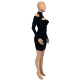 Autumn Casual Solid Black Cold Shoulder Thread Pit Pleated Club Dress with Hollow