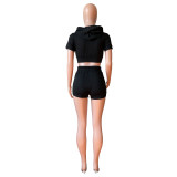 Solid Black Zipper Cardigan Hooded Cropped Two-Piece Short Summer Set