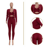 Solid Color Manual Knitted Sweater Cardigan 3 Piece Set