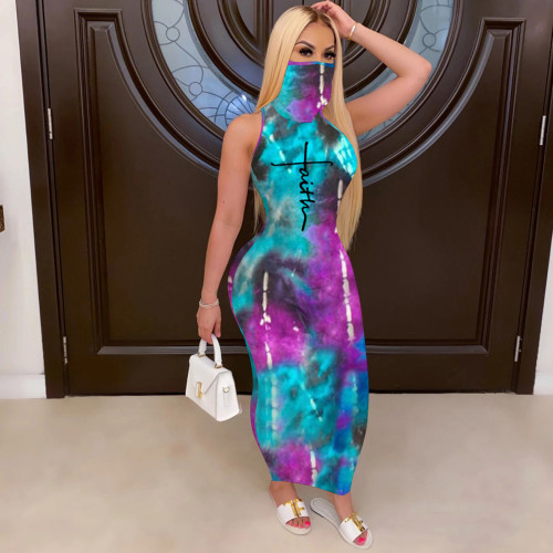 Womens Tie Dye Printed Sleeveless Bodycon Party Long Maxi Dress