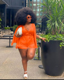 Casual Solid Orange Split Joint V Neck Sleeveless Plus Size Rompers with Belted
