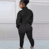 Casual Fleece Printed Letters Zipper Pullover High Neck Pant Set 2 Pieces