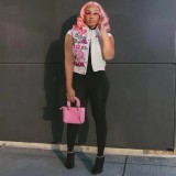 Fashion Print Single-breasted Baseball Jacket Sleeveless Tops