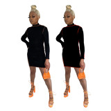 Black Overlock Stitch High Neck Long Sleeve Bodycon Dress