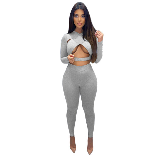 Sexy Cross Cutout Sports Two Piece Women Clothing Set with Hollow Out