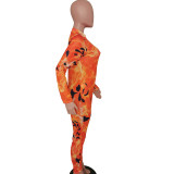 Hole Net Zipper Print Jumpsuit