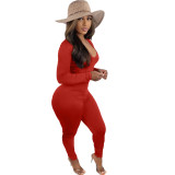 Casual Solid Red Drawstring Wrinkles Backless V Neck Skinny Jumpsuits