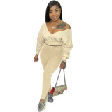 Solid Color Designer Clothing Long Sleeve V Neck 2 Piece Pants Set