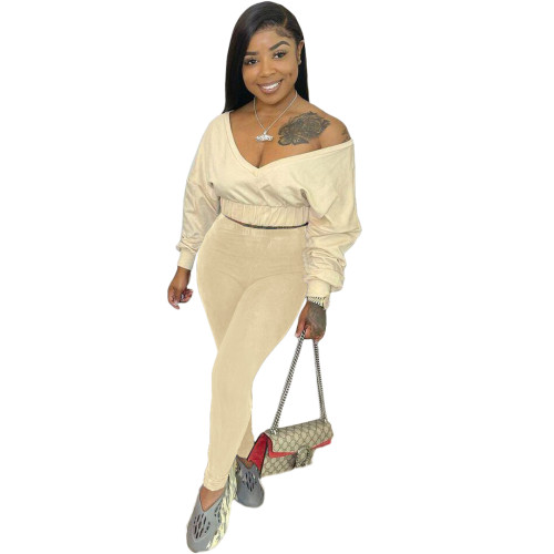 Solid Color Designer Clothing Long Sleeve V Neck 2 Piece Pants Set
