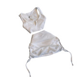 High Elastic Cotton Pit V Neck Low-cut Drawstring Skirt Set