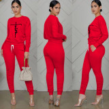 Casual Printed Long Sleeve Jogger Workout Pants Set with Pockets