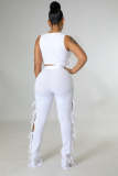 Summer Solid Color White Hollow Pit Women's Clothing Sleeveless Crop Top Two Piece Outfits Set