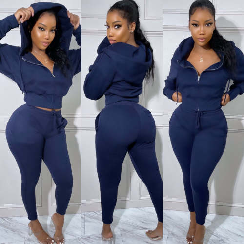 Women's Solid Color Velvet Zipper Hoodied Casual Two Piece Set