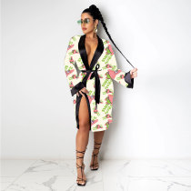 Fashion Women's Robes Print Loose Pajamas Bathrobe Bandage Robes Housewear Women's Wear Sleepwear Robes