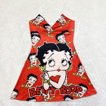 Sexy Loungewear Summer Cartoon Pattern Printed Spaghetti Strap Homewear Dress
