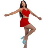Red Sexy Halter Backless Pleated Two Piece Skirt Set
