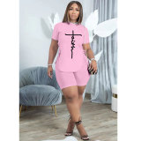 Casual Pink Letter Print Slit Eyelet Bandage O Neck Short Sleeve Tracksuit Set