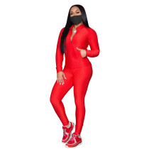 Red Jacquard Pineapple Stand-up Collar Zipper Two Piece Women Clothing Sets without Mask