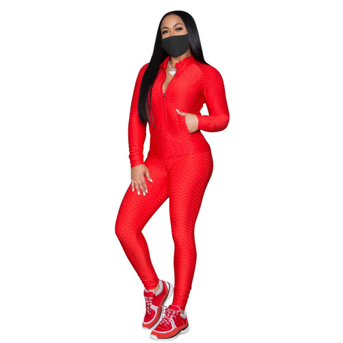 Red Jacquard Pineapple Stand-up Collar Zipper Two Piece Women Clothing Sets without Mask