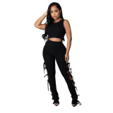Summer Solid Color Black Hollow Pit Women's Clothing Sleeveless Crop Top Two Piece Outfits Set