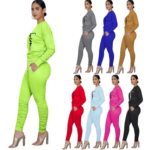 Casual Printed Long Sleeve Jogger Workout Pants Set with Pockets
