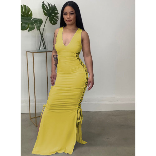Sexy Solid Bandage Hollowed Out Split Joint Slit V Neck Sleeveless Straight Dresses