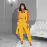3PCS Solid Ribbed Tank Top + Sleeveless Long Cloak + Pants