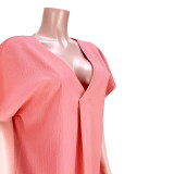 Pink Casual Loose Solid Pleated V Neck Midi Dress