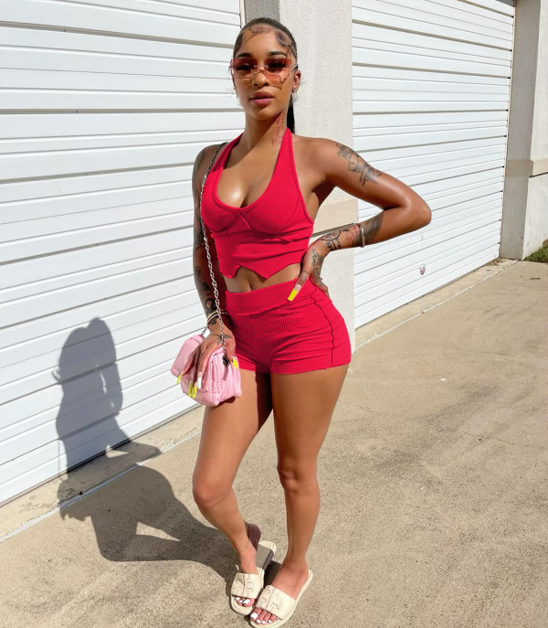 Solid Color Sexy Red Backless Halter Two Piece Shorts Women Set
