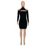 Autumn Casual Solid Black Cold Shoulder Thread Pit Pleated Club Dress with Hollow
