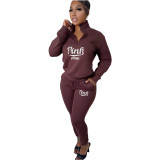 Casual Fleece Printed Letters Zipper Pullover High Neck Pant Set 2 Pieces