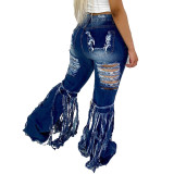 Fringed Hole Flared Denim Trousers