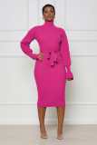 Turtleneck Knit Tie Waist Midi Dresses
