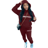Casual Letter Pyrography Velvet Drawstring Kangaroo Pocket Hoodie & Pants Set