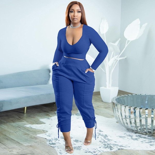 Blue Casual Solid Bandage Patchwork V Neck Plus Size Two Pieces Pant Set