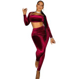 Rose Sexy Solid Korean Velvet Patchwork Halter Long Sleeve Three Pieces