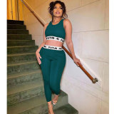 Dark Green Casual Printed Tight Track Crop Tank Top Pants Set