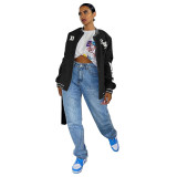 Autumn Women Black Printed Baseball Crop Jacket