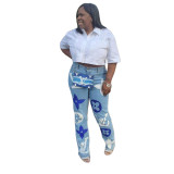Casual Offset Printing Denim Trousers High Waist Blue Washed Jeans